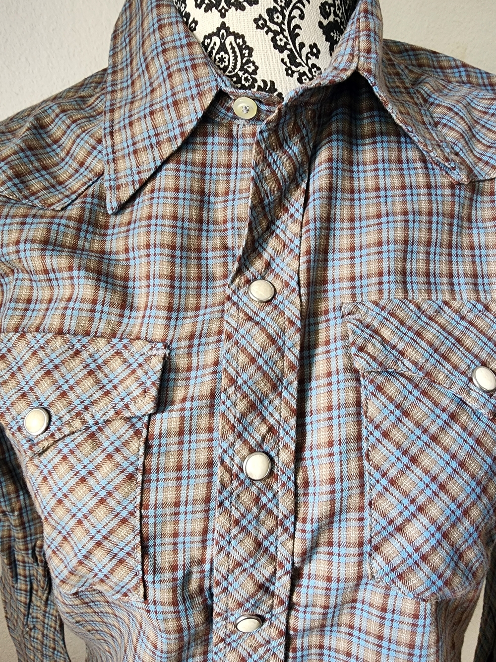 Light Blue and Brown Plaid Snap-Front Western Shirt